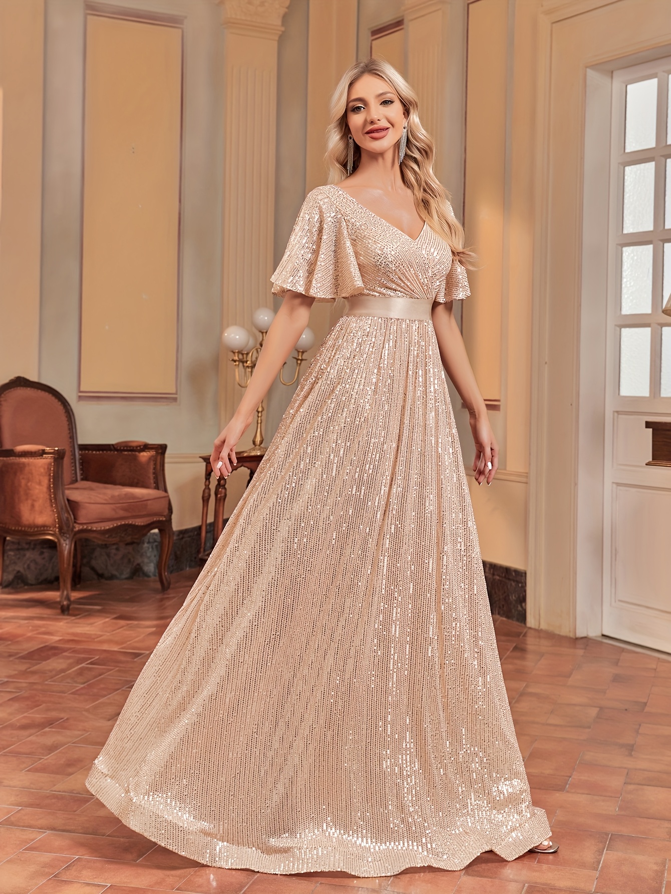 long flowy sparkly dress Flowy V-neck Beading A-line Floor Length Long Prom Dresses Sparkly Party Dresses main image 1