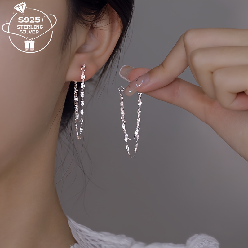 elegant 925 sterling silvery double layer chain tassel earrings hypoallergenic reversible design for   gift for any occasion lip stud festival gift details 1