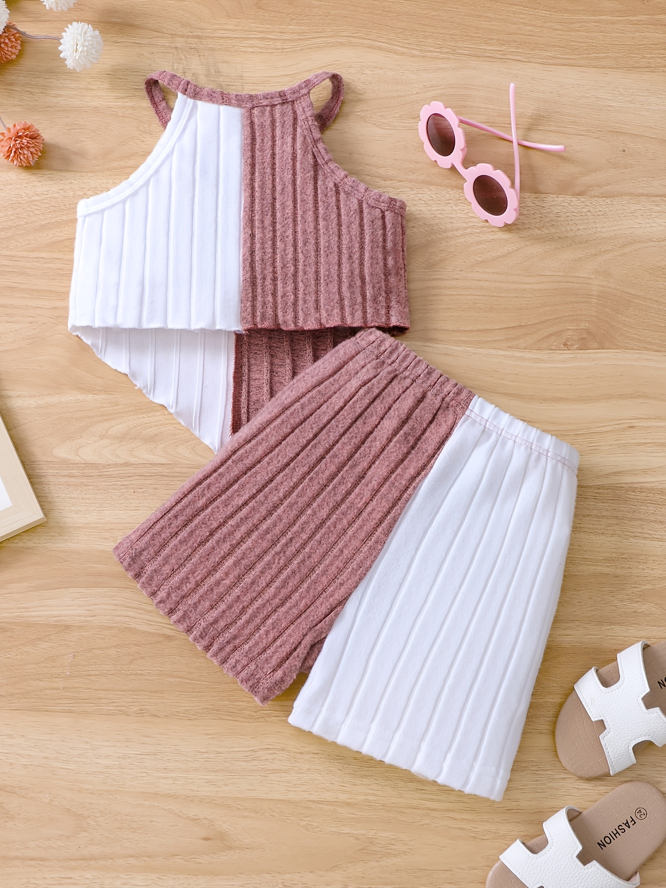 Girls 2pcs Summer Outfit Set, Knitted Polyester & Elastane, Solid Color Halter Neck Top with Bow Detail & Matching Shorts, Casual Fit for Playtime & Outings, for Outdoor