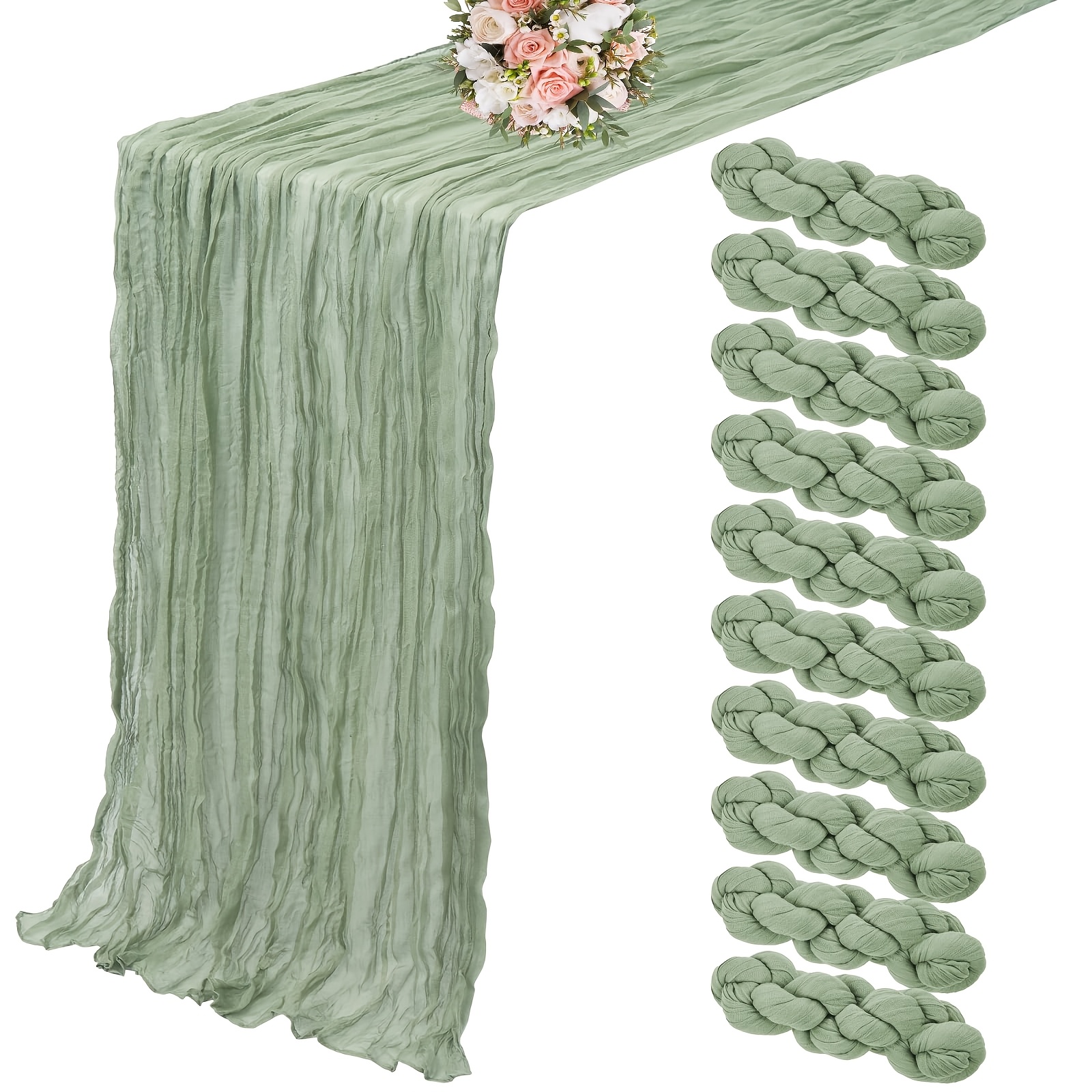 10pcs Sage Green Table Runner Centerpiece Set - Rustic Gauze Wedding Arch & Table Decor With Edges, Suitable For Wedding Table Settings, Party Decorations, Arch Decoration, Machine-made Runner