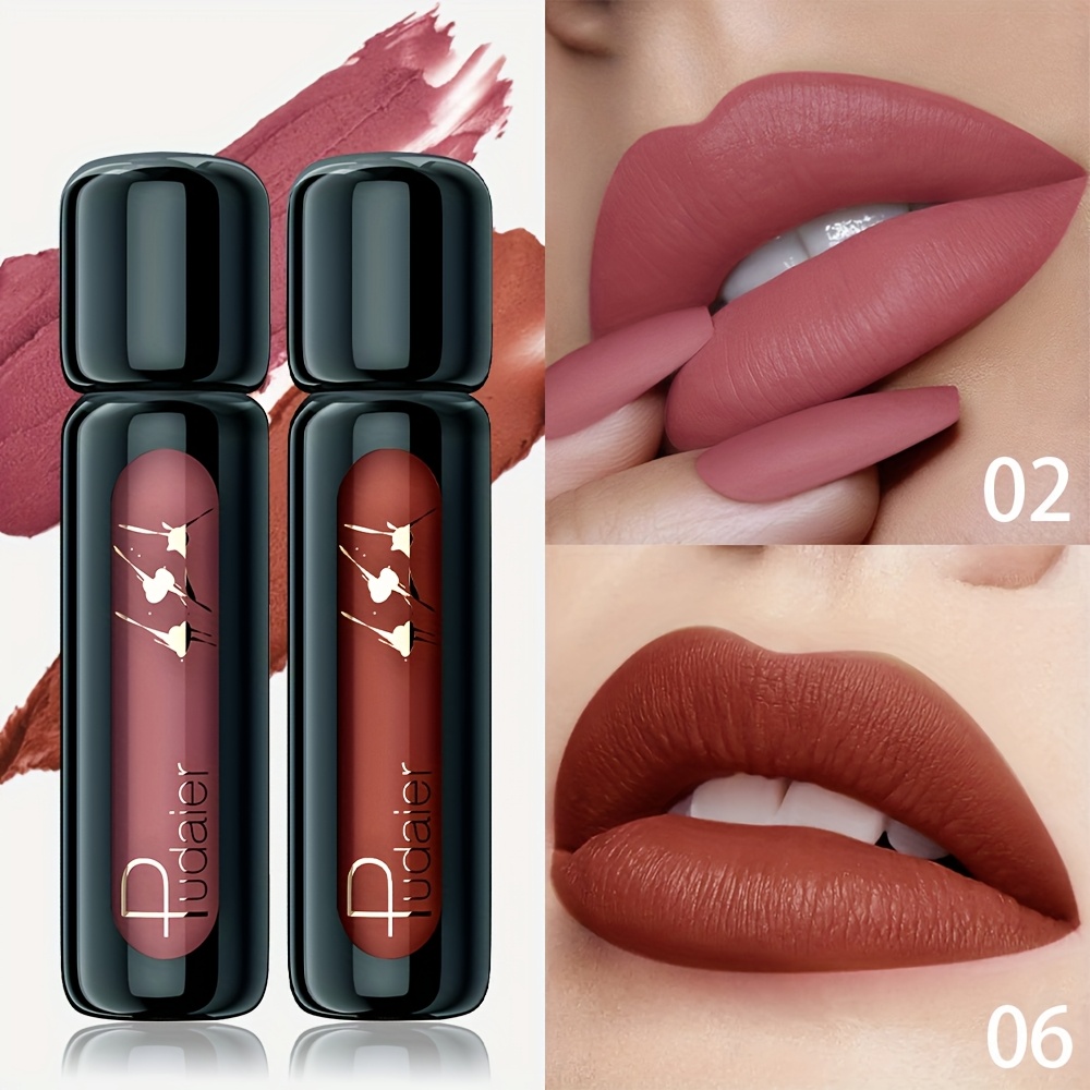 Image of 2pcs [waterproof Lip Glaze] Waterproof Lip Glaze | Vibrant Colors, Not Sticky, Matte Reddish Brown Lip Glaze - Hydrating, High Pigmented Gloss - Perfect Romantic Gift For Valentines Day Halloween