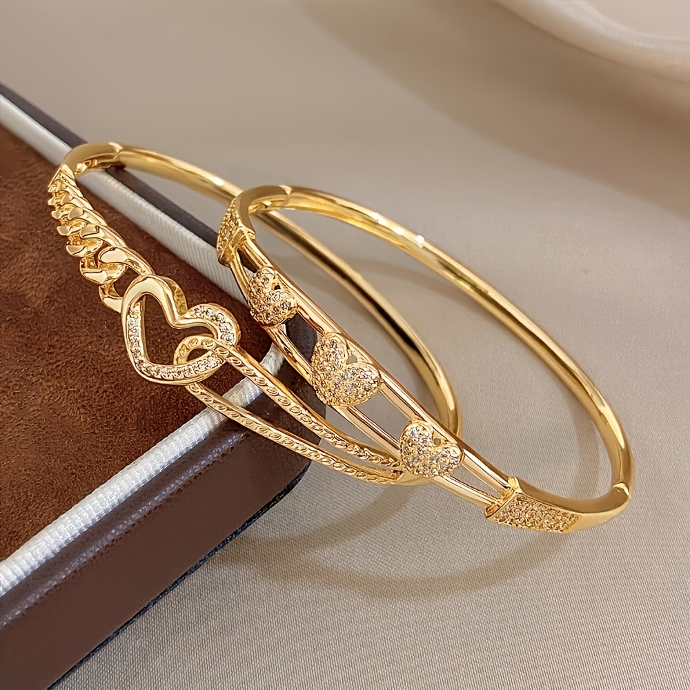 2pcs Romantic Hollow-Out Heart Bangle Set, Exquisite Design