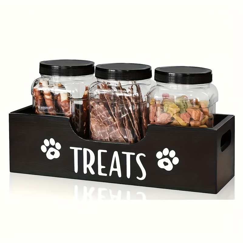 

1pc Wooden Pet Treat Holder With 3 Airtight Plastic Jars – Uncharged Container For Food Storage – Durable Wood Material Farmhouse Style Organizer For Pet Treats