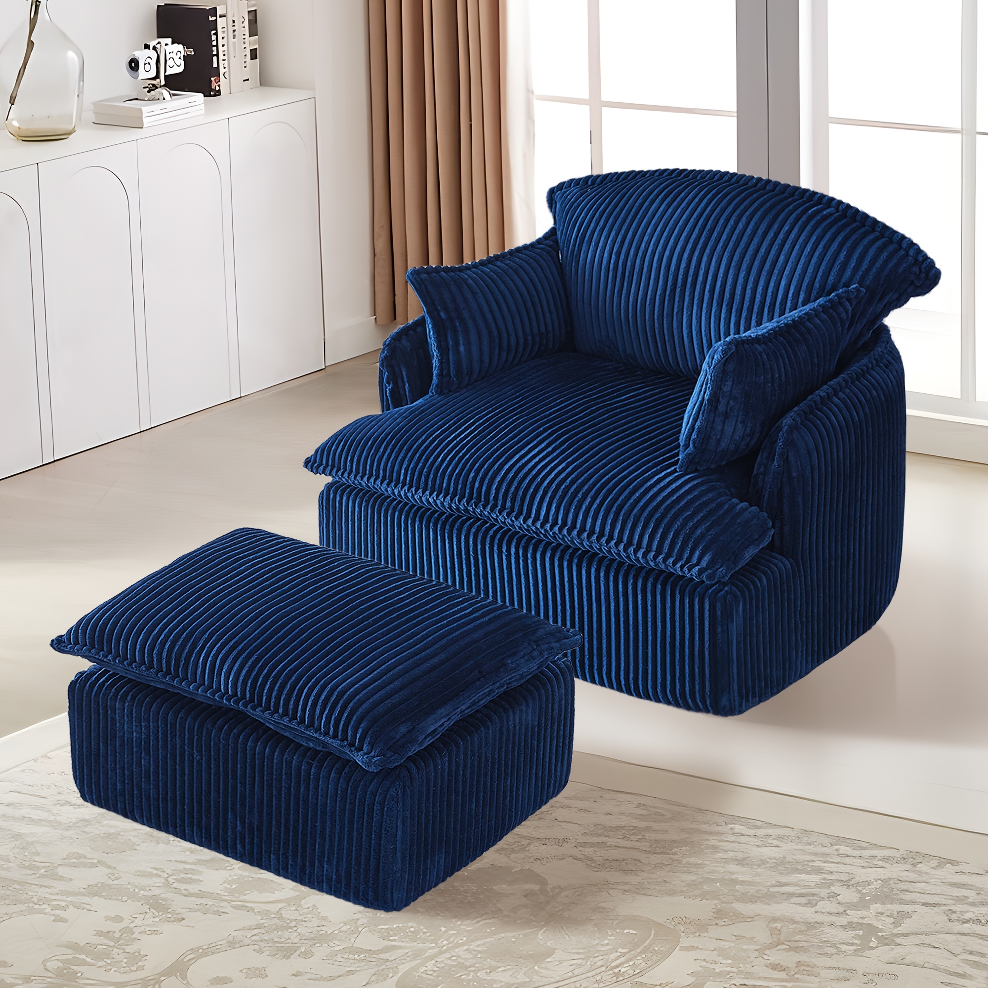 Image of 108cm Accent Chair With Ottoman, Corduroy Modern Comfortable Reading Chair, Compact Recliner Chair, For Living Room, Bedroom, Office