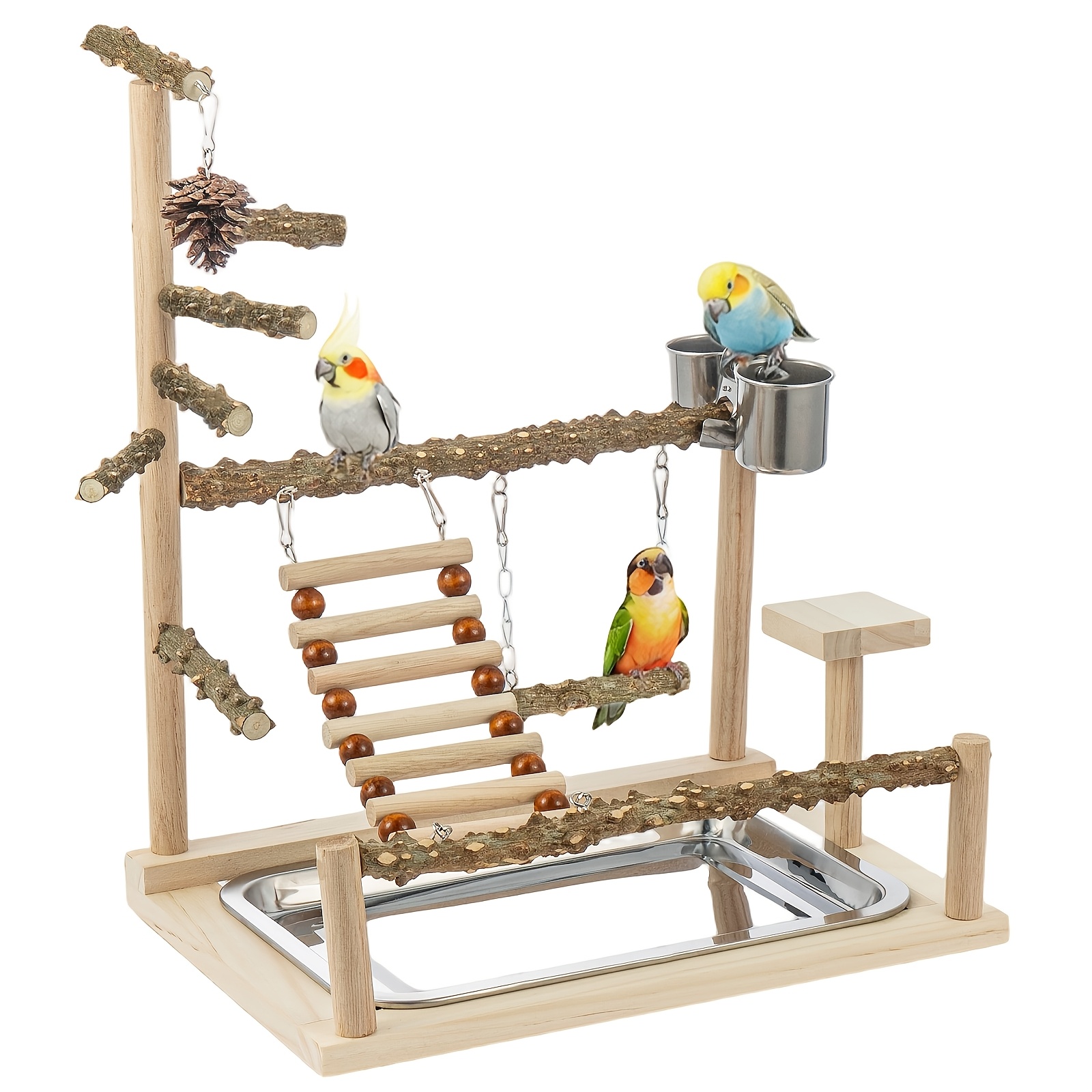Image of Deluxe Wooden Parrot Play Stand With Swing, Ladder, Rings & Climbing Bridge Multifunctional Bird Perch Toy For Climbing, Swinging Wood End, Sturdy Design For Active Birds, Pet Climbing Toy