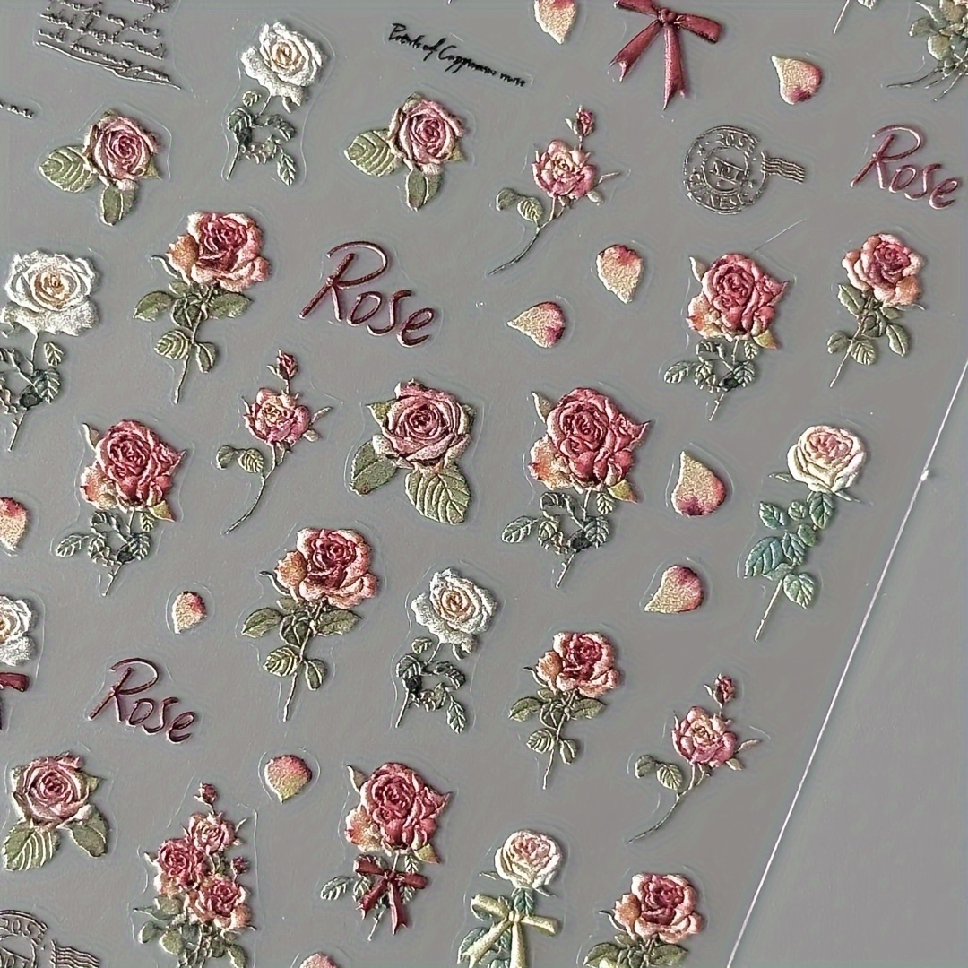 

5 Antique Matte Rose Nail Stickers - Self-adhesive, Glitter Embellished Hand Care Stickers