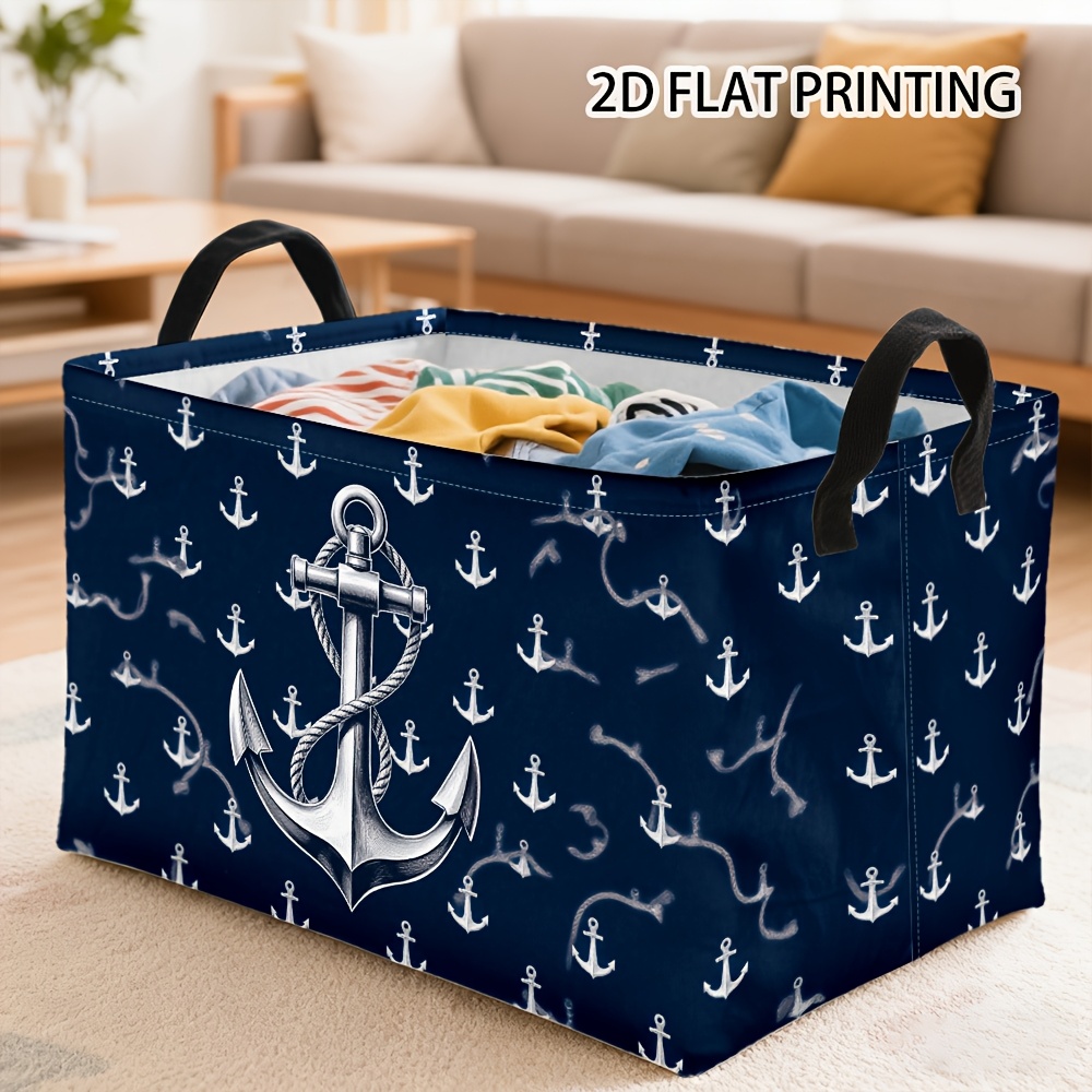 TEMU 1pc Open Storage Bins Navy Print Rectangular Laundry Baskets, Vintage Nautical Rope Pattern Collapsible Fabric Shelf Baskets With Handles For
