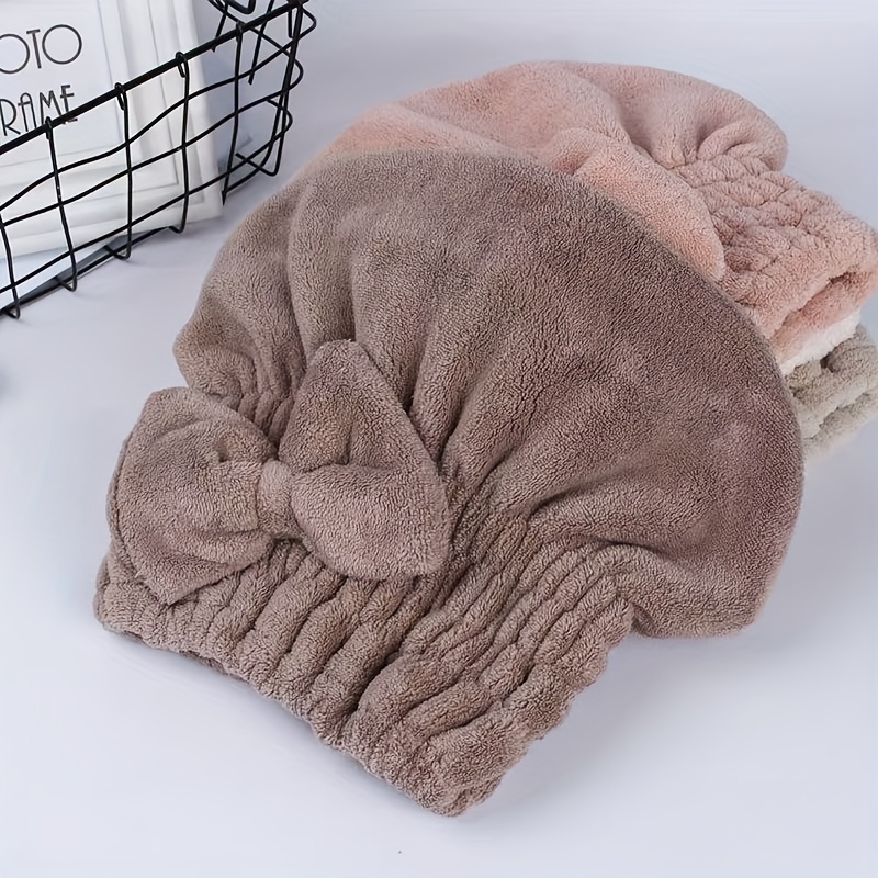 TEMU 【1個】厚手フリース 吸水性 バスキャップ、柔らかく肌に優しいリボン付きデザイン
