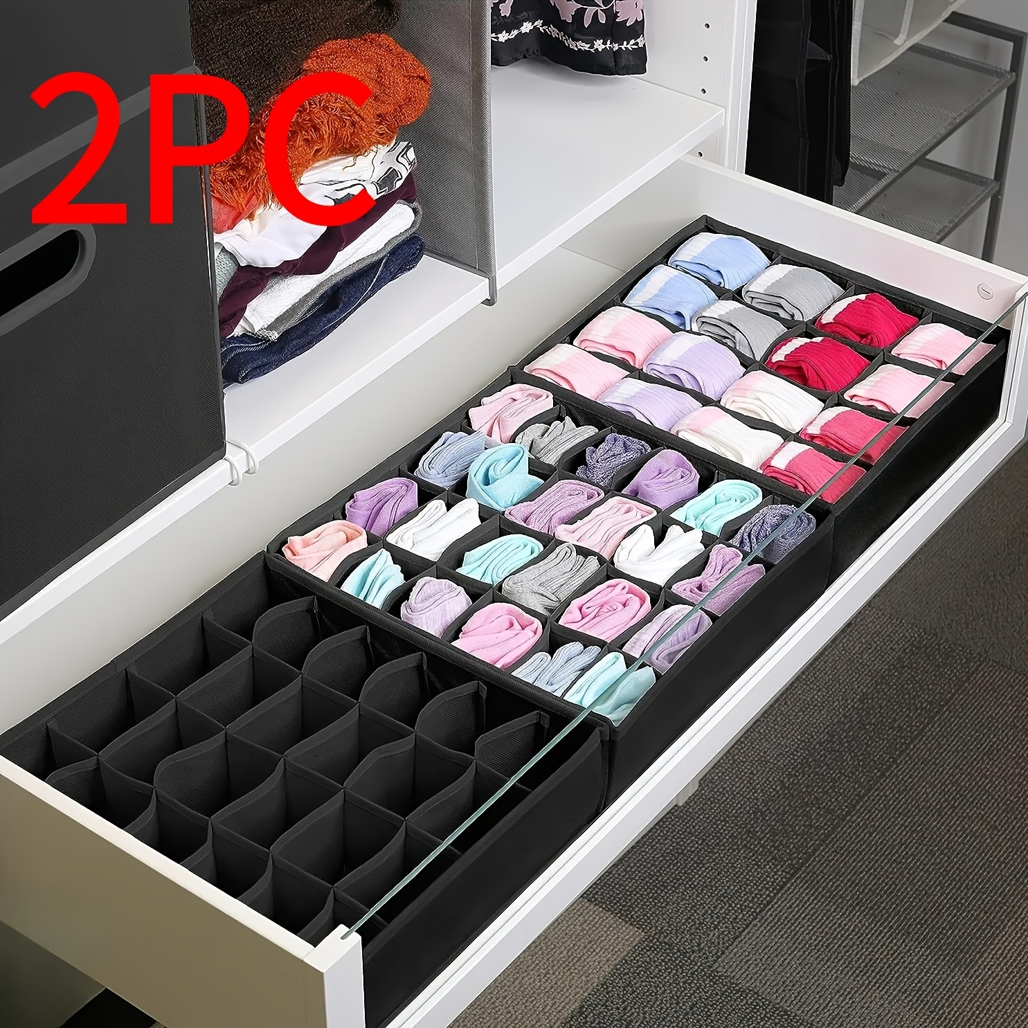 TEMU 2pcs Set Of Storage Boxes, Socks And Underwear Organizer Divider, 24-grid Fabric Foldable Cabinet Closet Organizer And Storage Box For Storing
