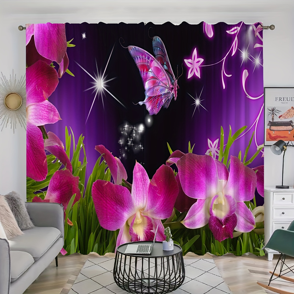 

2pcs, Beautiful Flower And Butterfly Printed Curtains, Rod Pocket Curtain, Suitable For Restaurants, Public Places, Living Rooms, Bedrooms, Offices, Study Rooms, Home Decoration