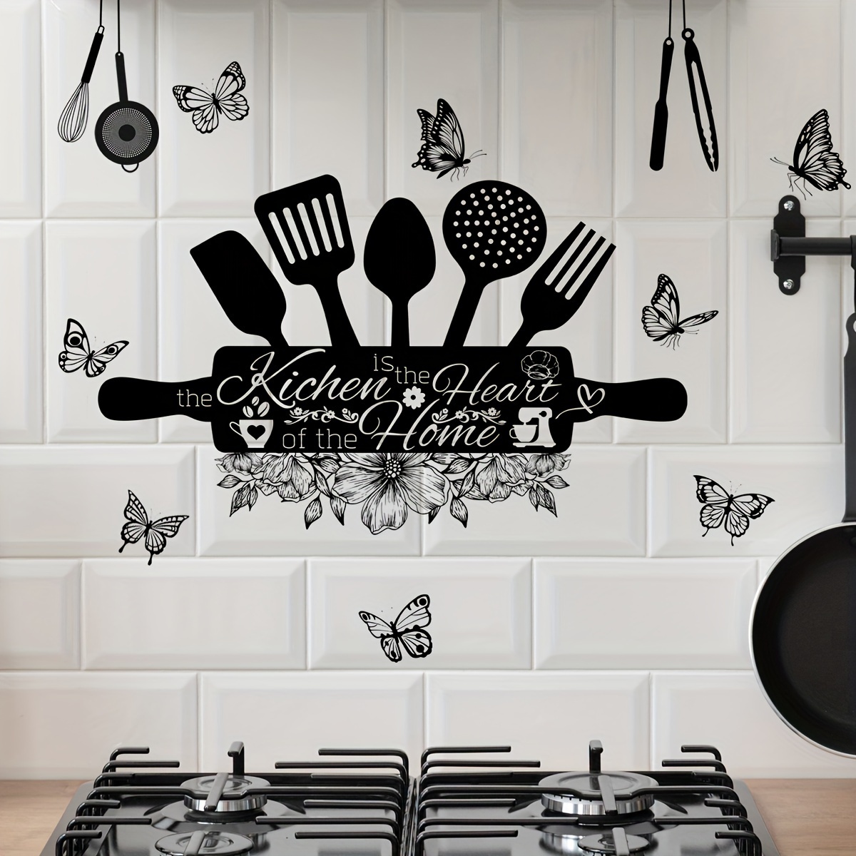 

Contemporary Kitchen Wall Decals With Utensils And Butterflies - Pvc Self-adhesive Stickers With Inspirational Quotes For Dining & Kitchen Decor - Single Use Irregular Shaped Wall Art Ms4406-zc