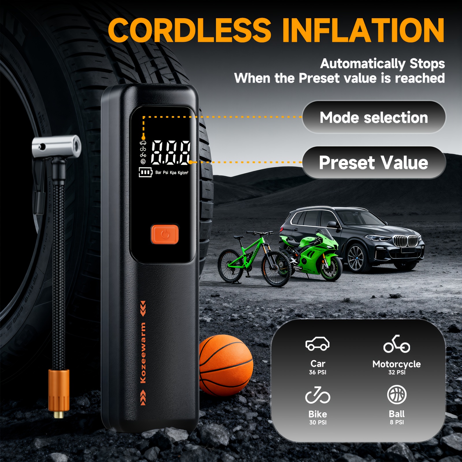  cordless tire inflator portable cordless air compressor with digital gauge usb rechargeable 3 inflation for suv cars bikes motorcycles sports equipment and ball air pump for car tires portable tire inflator Product details 1