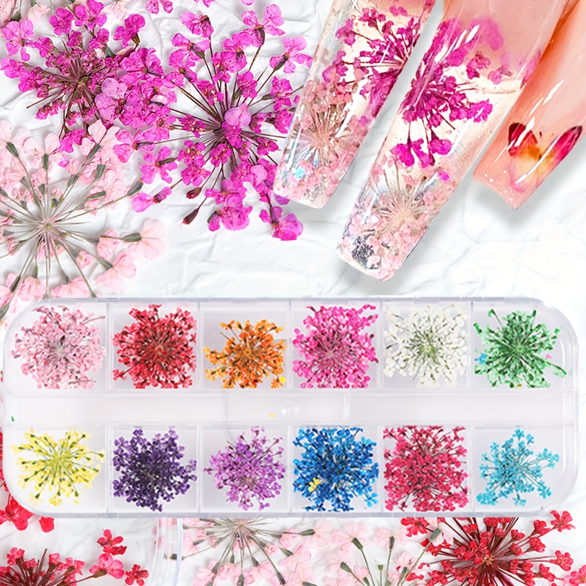 

12-piece Vibrant Dried Flower Nail Art Kit - Natural Floral Manicure Decorations, Non-fading, Self-adhesive, Sparkle Accents For Diy Nail Design