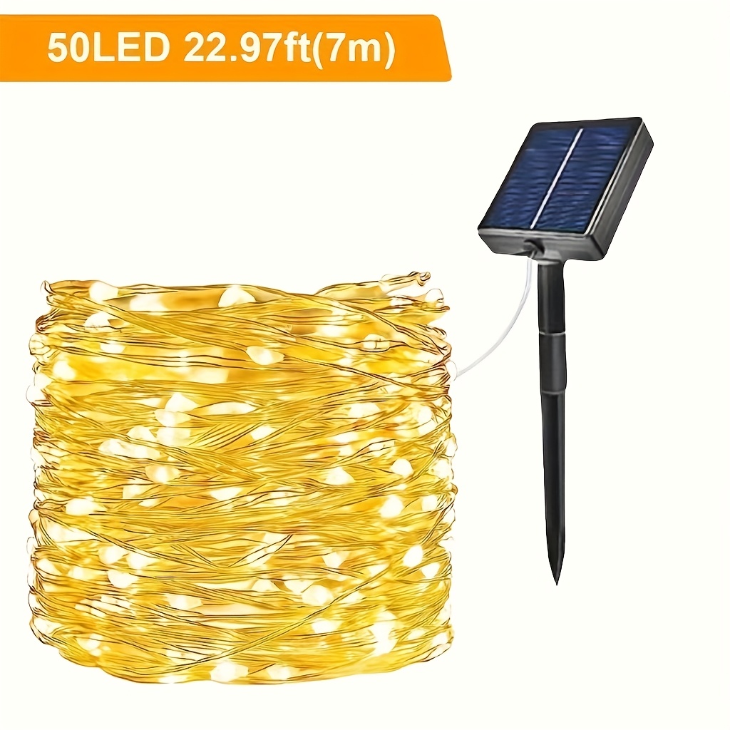 Image of Solar-powered Copper Wire Lights With Lithium Batteries, Ip54 Rated, Featuring 8 In White, Warm White, And Colorful Flashing Lights - Suitable For Patios, Gardens, Christmas