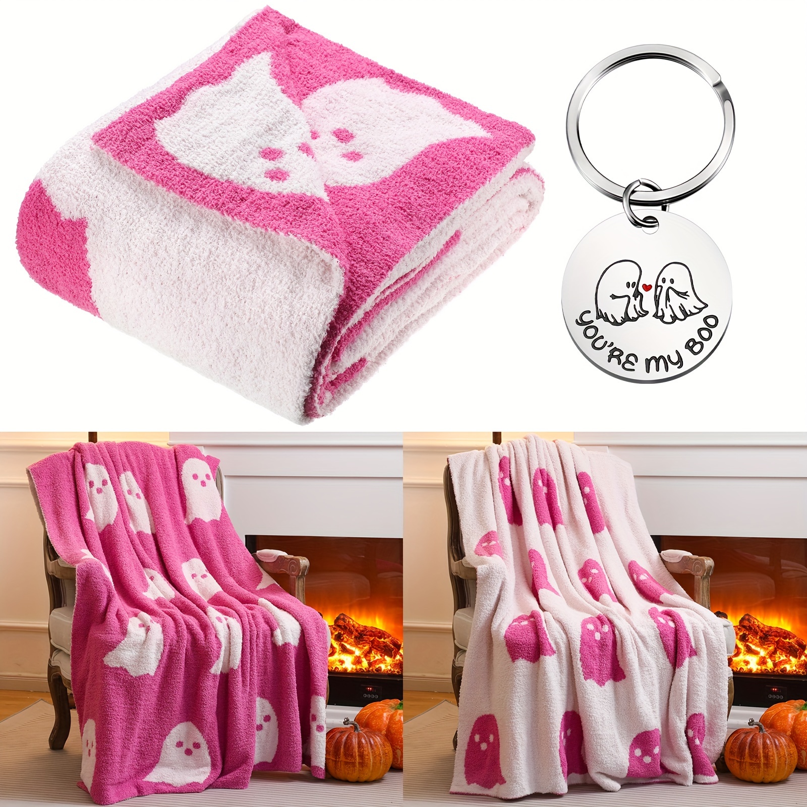 

Throw Blanket Set Pink White Throw Blanket Cute Blanket Soft Cozy And Cute Keychain For Living Room Sofa Bed Girlfriend Wife Gifts (viral Pink)