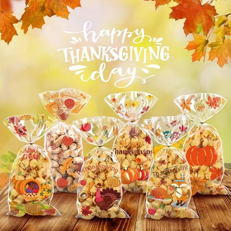 

50-pack Thanksgiving Gift Bags With Self-adhesive Seal - Cartoon Themed Plastic Bags Featuring Squirrel & Pumpkin - Ideal For Cookies, Candies, And Bakery Goodies