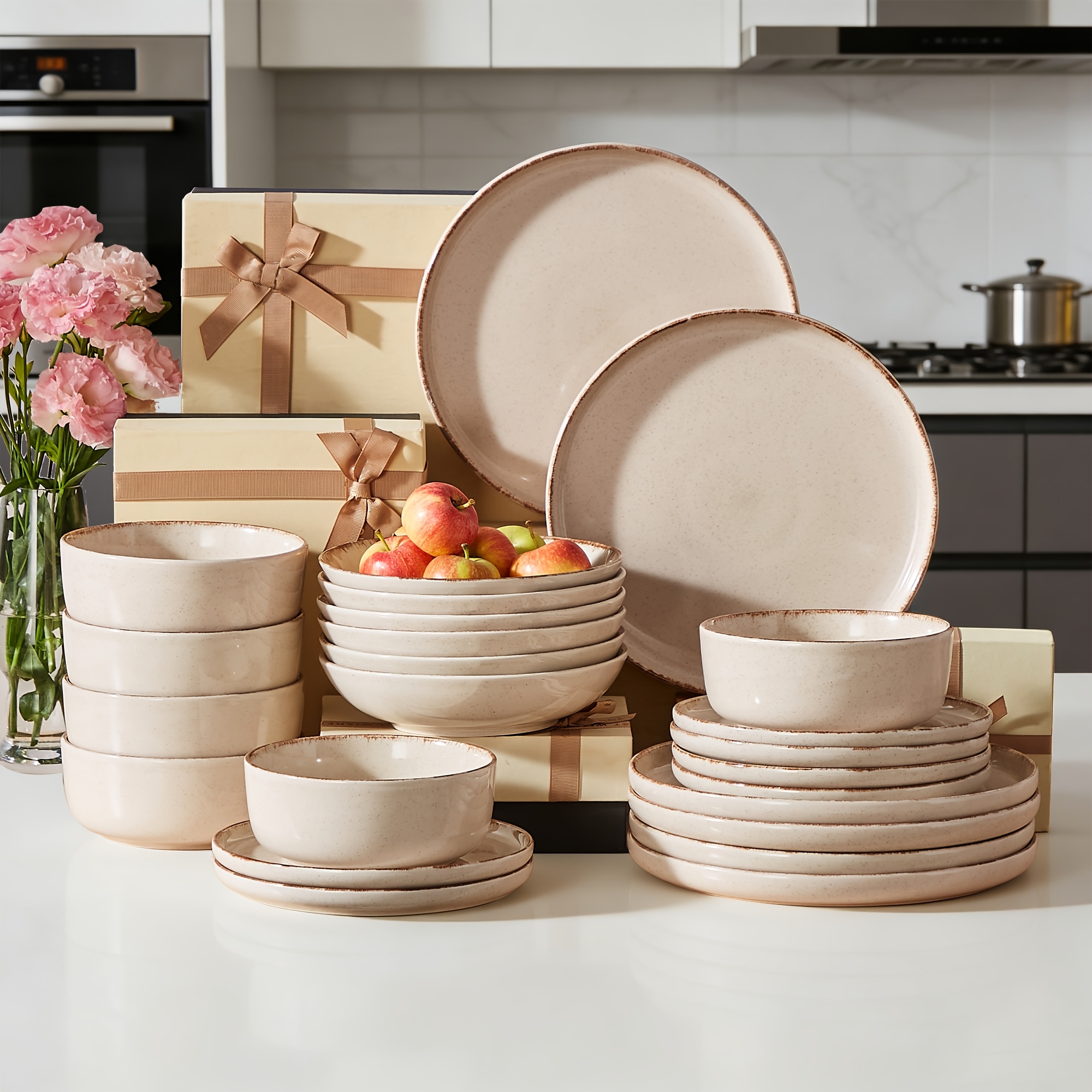 24pcs Dinnerware Sets, Plates And Bowls Set, Microwave And Dishwasher Safe, Scratch Resistant, Dishware Set, Service For 6 People, Kitchen Dinnerware Set, A Housewarming Gift, A Holiday Present
