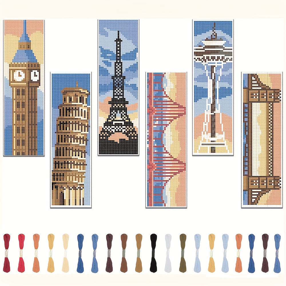 TEMU 6pcs Architectural Theme Cross- Bookmark Handmade Kit, Beginner-friendly Fabric Bookmark Sewing Set, Includes Embroidery Thread And Tools,