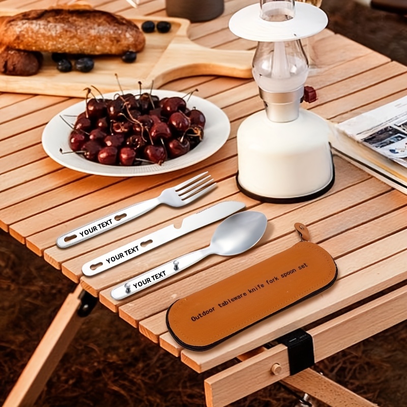 customize your text name 3pcs set bag silvery black golden colored stainless steel tableware knife   set outdoor portable western food knife fork picnic knife knife   that   fastened   can open bottles Product details 6