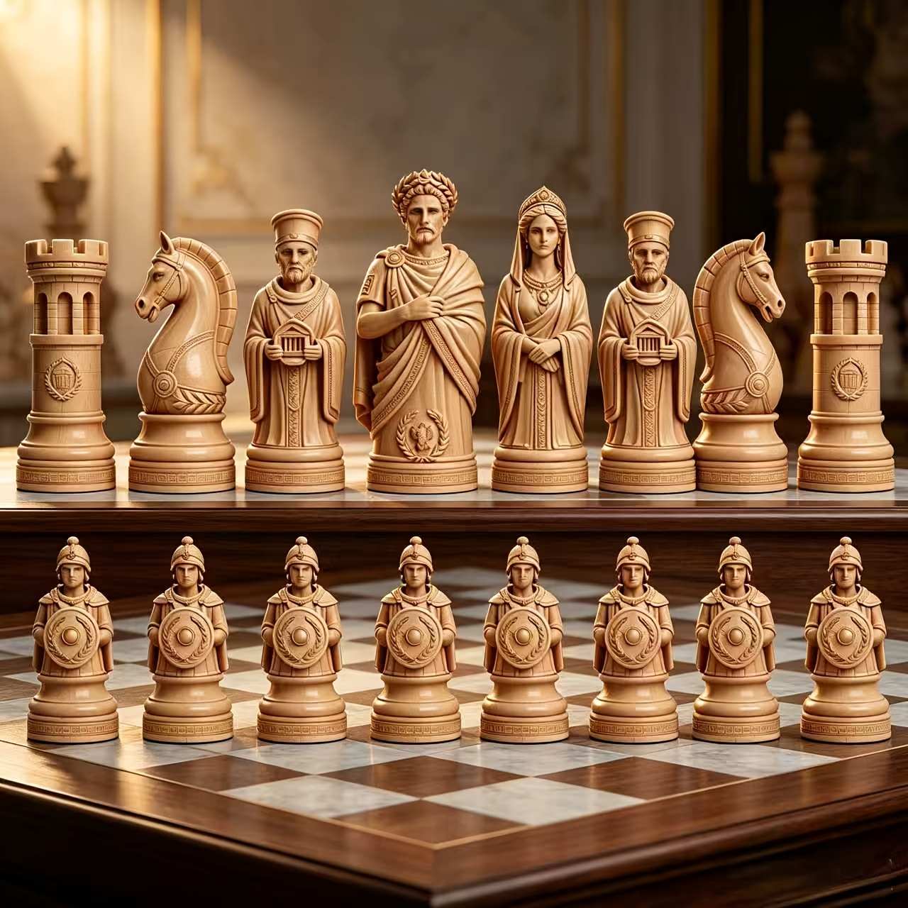 Image of 16pcs3d Vintage European Roman Sculpture Chess Pieces, Complete Set Including King, Queen & , Home Table Decor & Business Gift Chess Set, For Chess Enthusiasts