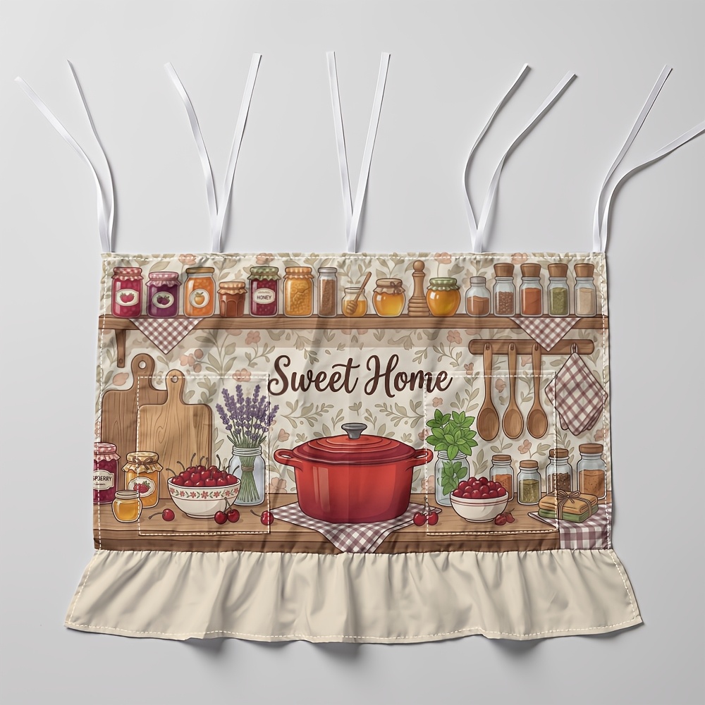 TEMU 2d Flat - 2d Flat - 1pc 2d Flat Country Farmhouse Oven Curtain With Edges And Tie-, Kitchen Shelf Pot Suitable For Protecting And Decorating