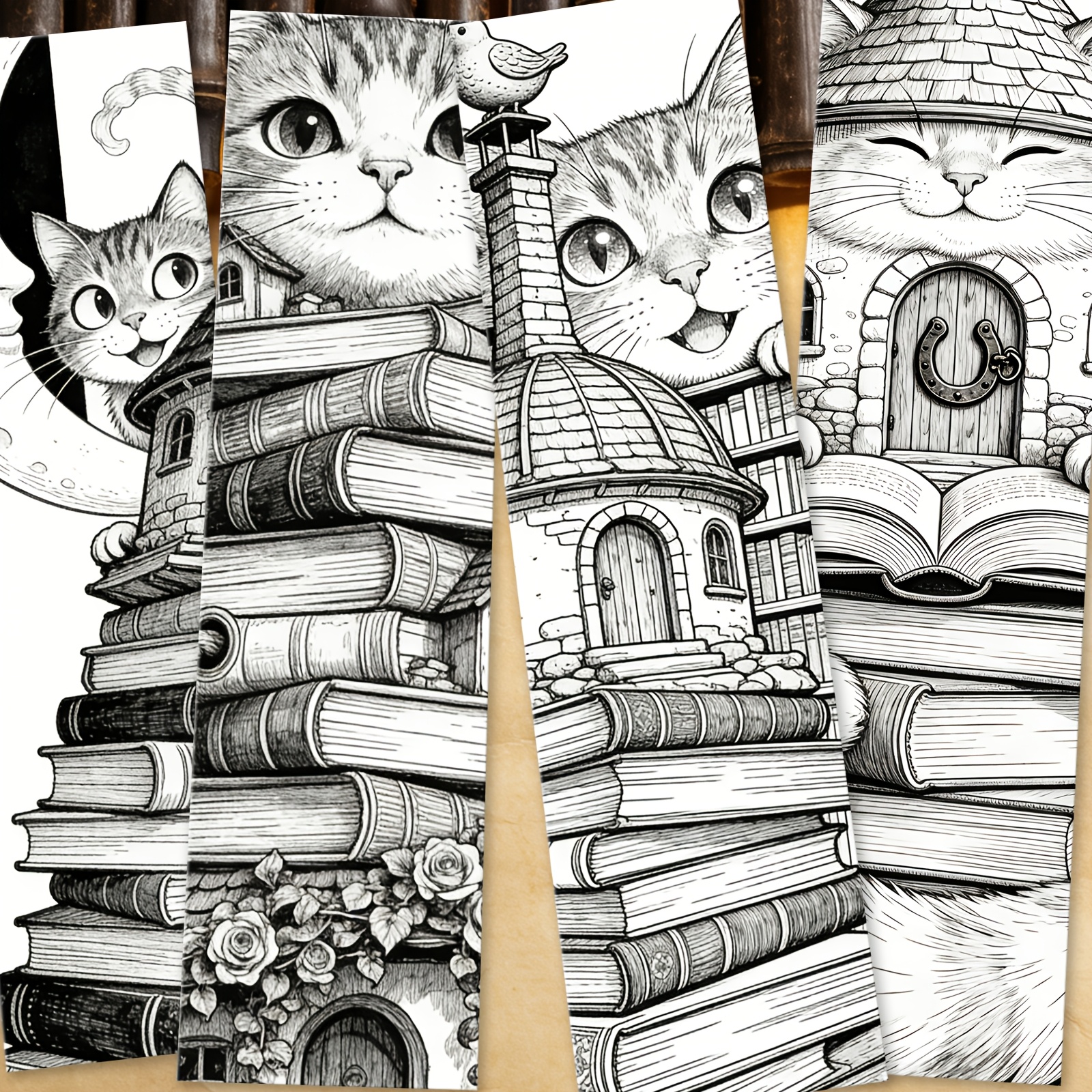 TEMU Lot de 20 marque-pages à colorier pour amateurs de livres - Thème chat, cottage et livre avec pages à colorier adaptées aux livres de coloriage,