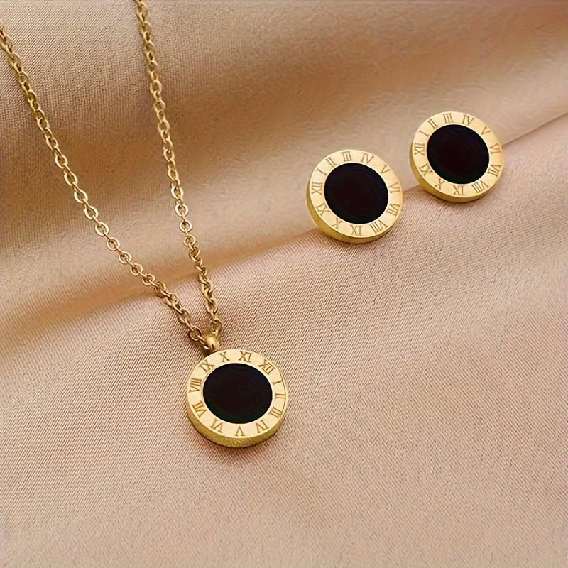 TEMU 1 Stainless Steel Golden-plated Roman Set: 1 Necklace + 2 Earrings, Jewelry Set - Ideal Gift For Christmas