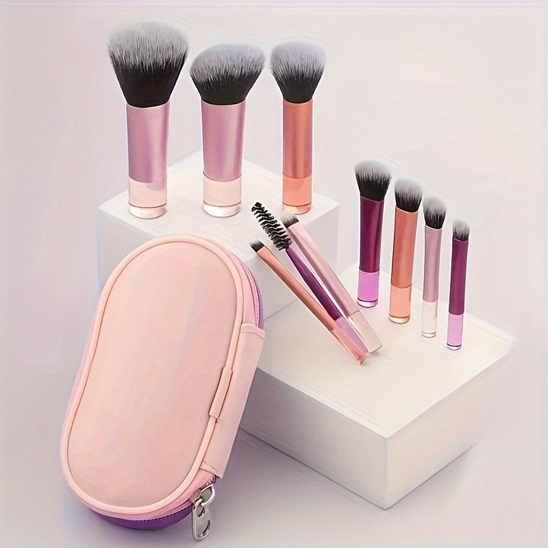 TEMU 10pcs Oval Brush Makeup Set, Nylon Bristles, Abs Plastic Handles, Multifunctional, Unscented, Suitable For All Skin Types, Portable With Carrying Case