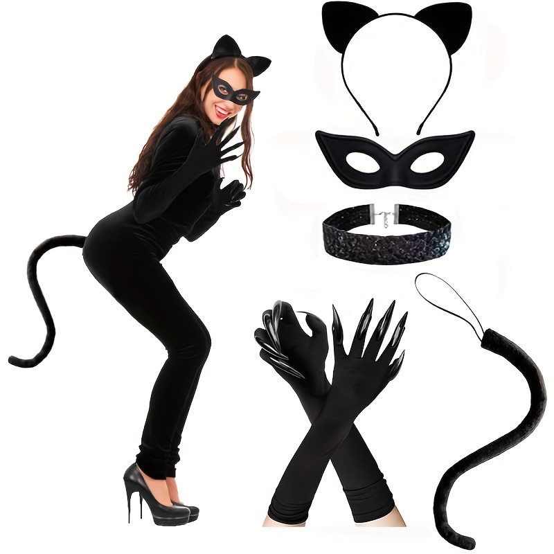 5pcs Black Cat Costume Set for Women & - Complete Cat Role-Play Outfit with  Ears Headband, Mask, Necklace, Paw Gloves & Tail for Halloween, Cosplay,  Carnival Parties - Themed Dress Accessories Set for ...