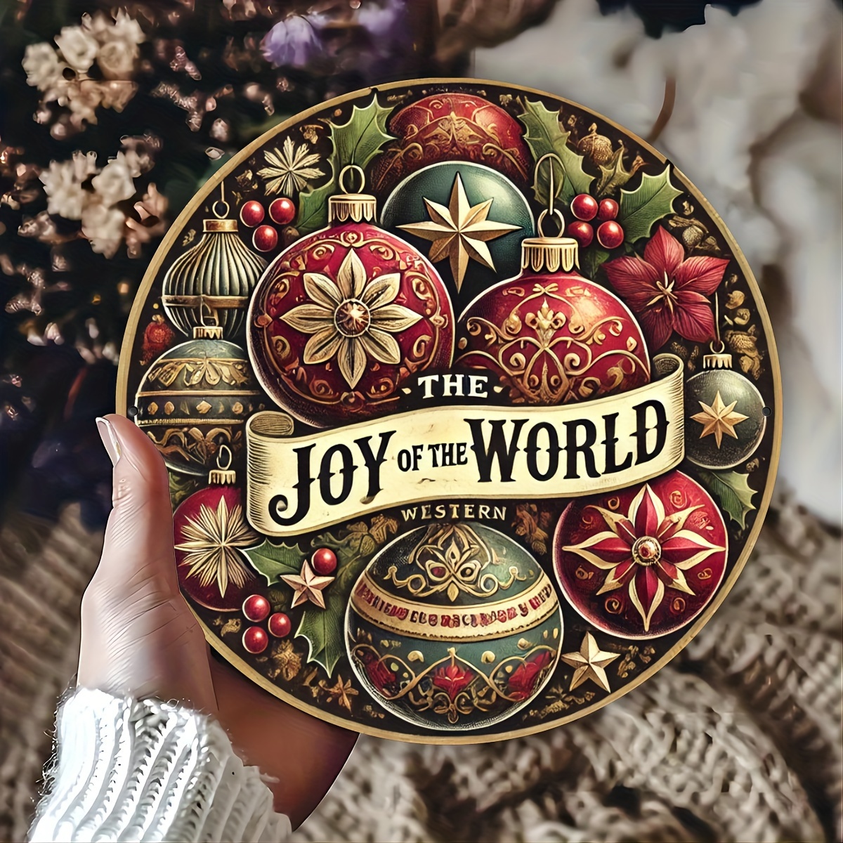 

Vintage Round Metal Christmas Sign "the Joy Of The World" - Aluminum Holiday Wall Art Decor - Rustic Hanging Plaque For Living Room, Kitchen, Bedroom, Farmhouse, Bar, And Restaurant