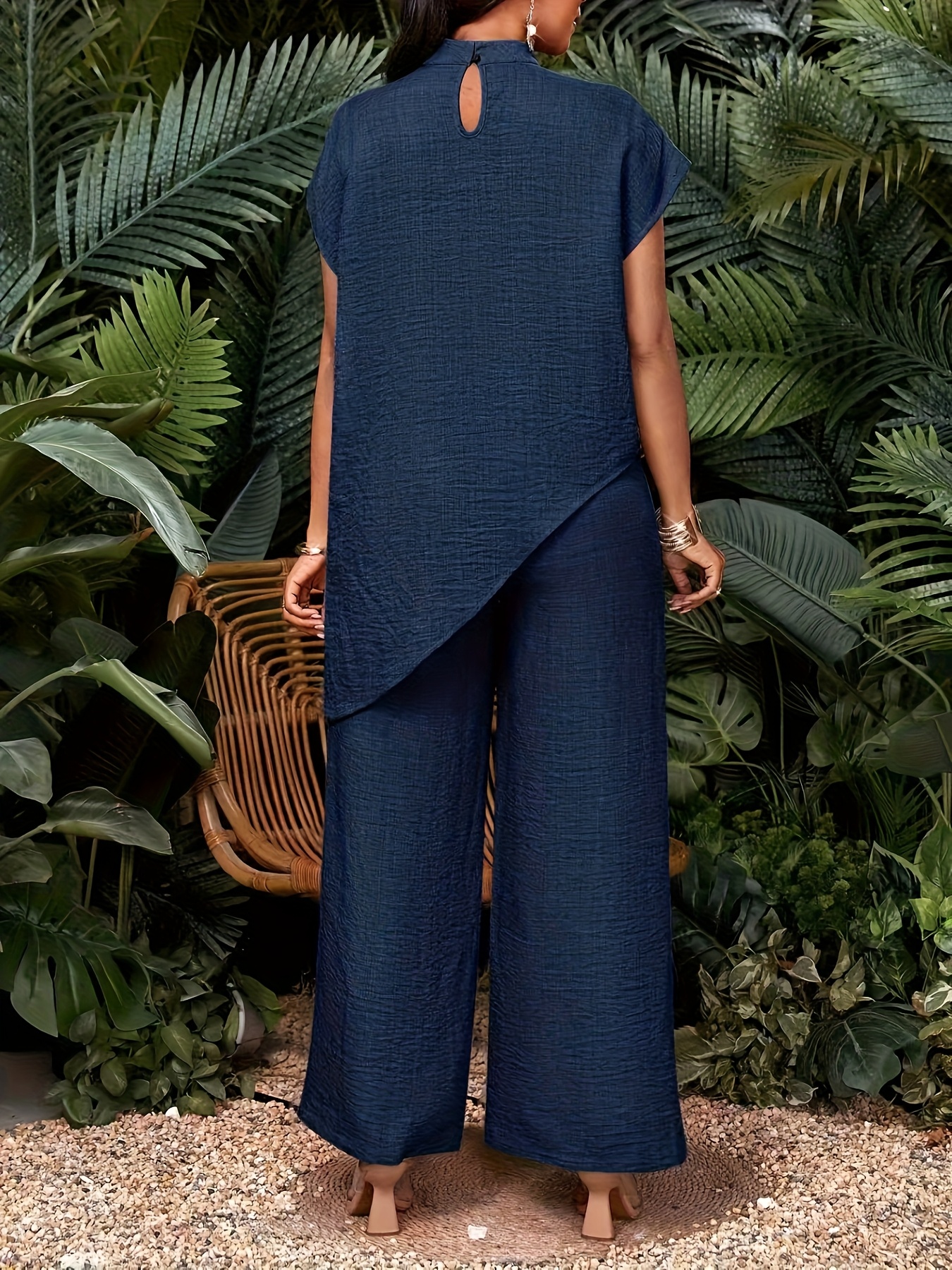 Women's Vacation Casual Solid Color Asymmetrical Hem Top and Pants Two-Piece Set, Autumn Women's Clothing