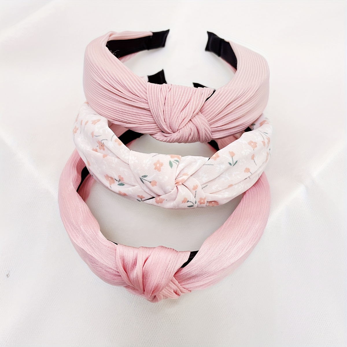 E-shop 3-teiliges Set Damen Rosa Blumenmuster Einfarbig Stoff Süßes und Elegantes Stirnband für den täglichen Gebrauch, Straße, Waschen, Stirnband
