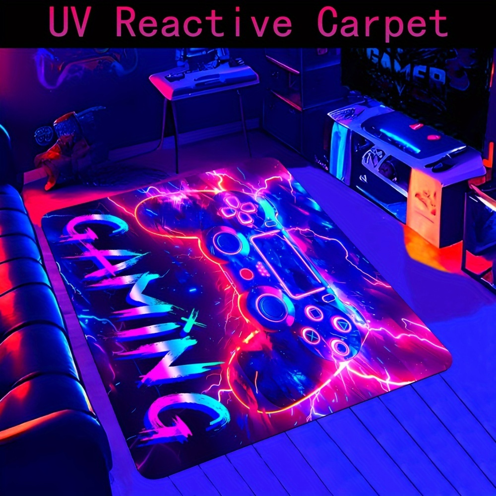 

Gaming Controller Pattern Uv Reactive Glow Area Rug, Non-slip Polyester Woven Bath Mat For Game Room, Bedroom, Living Room - Hand Wash Only, 850g/㎡ Square Weight, 0.6cm Thickness