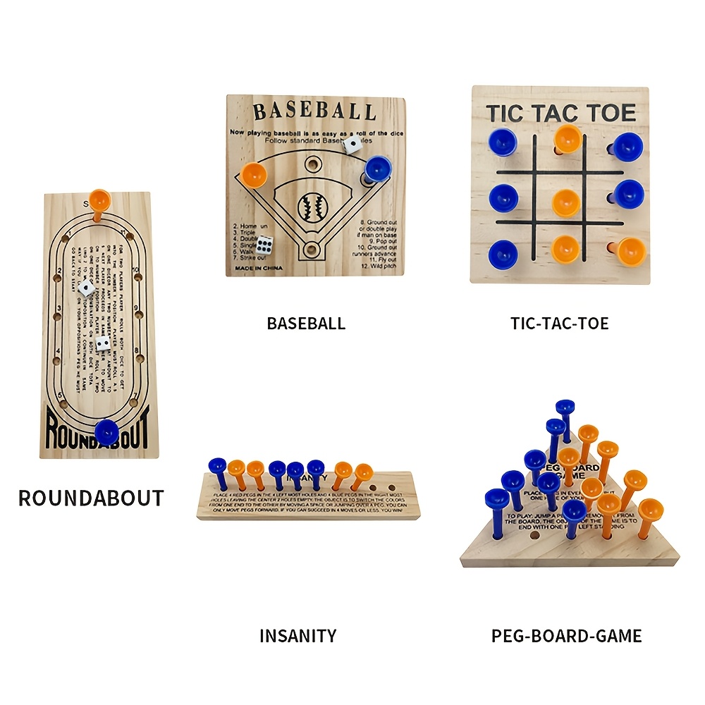 Wooden Peg Games Assortment Kit Wooden Board Game Set Including 5 Style Wooden Game Board And Plastic Pieces And Dice Puzzle Brain Games Set