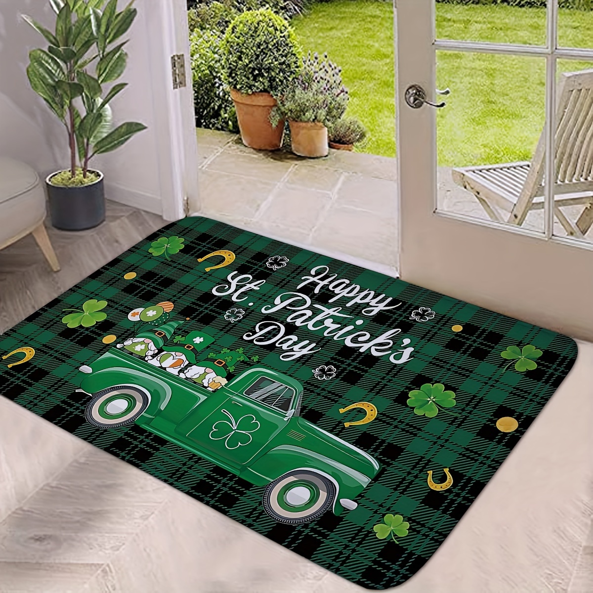 

's Day Door Mat, Shamrock Truck Pattern, Non-slip Machine Washable Rectangle Polyester Area Rug, Medium Pile, Braided, Indoor/outdoor