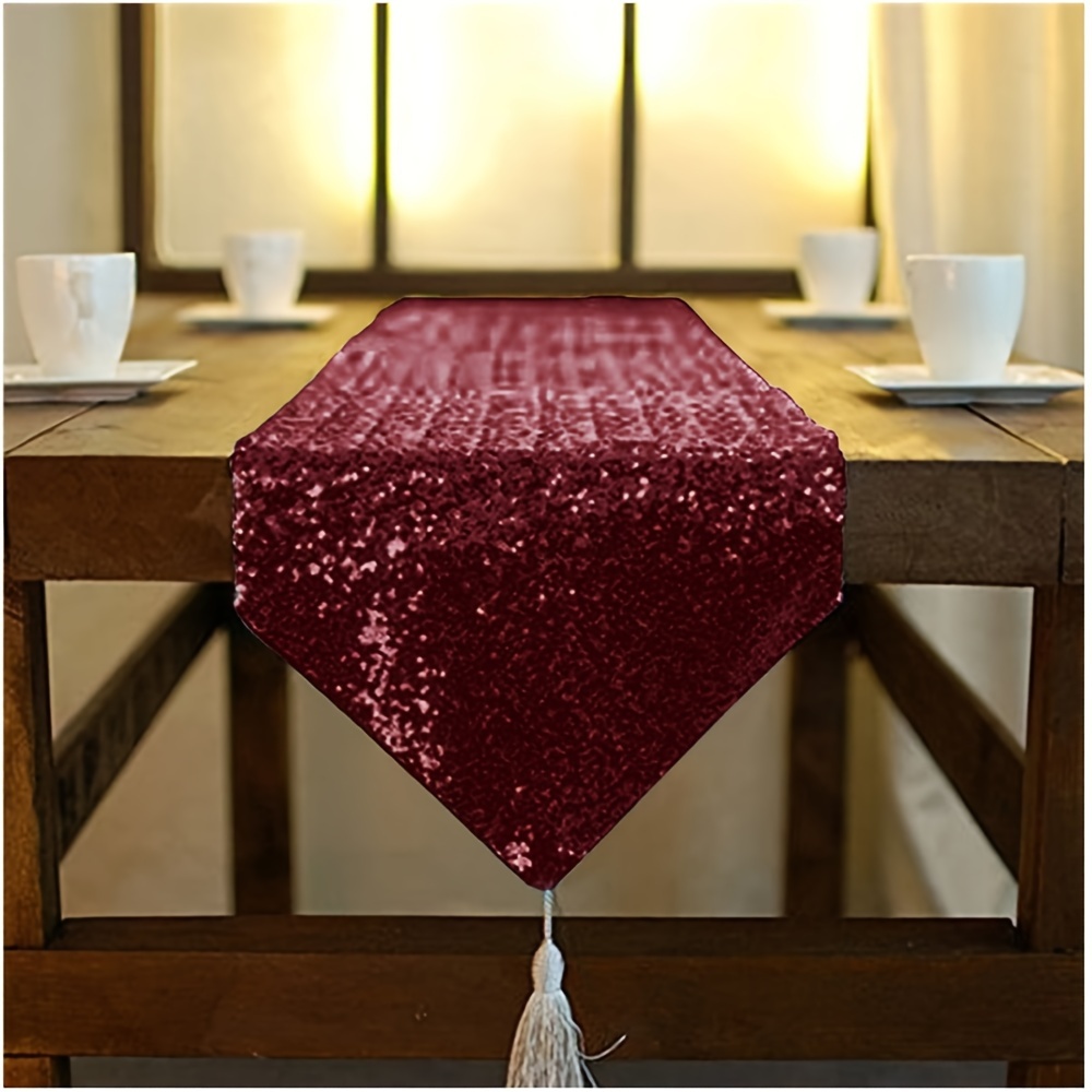 TEMU 1pc Tassel Table Runner, Golden Sequin Tassel Table Runner, Elegant Tassel Tablecloth, Table Decoration Glitter Sequin Dresser Scarf, Birthday