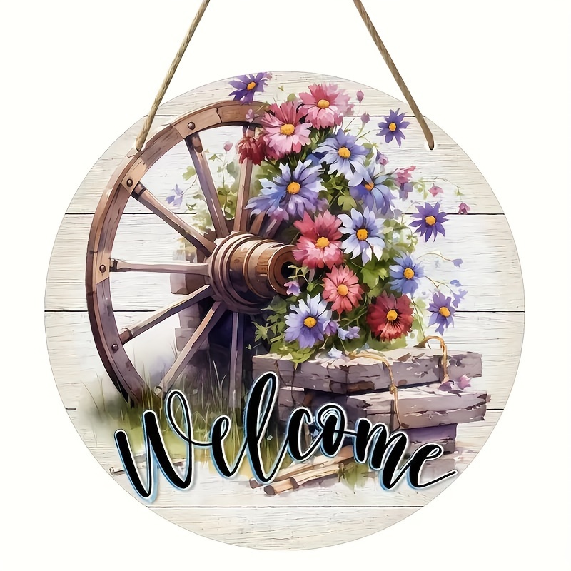 

Rustic Spring Welcome Sign - 8x8" Vintage Garland Wooden Hanging Plaque For Front Door, Porch, Living Room & Bedroom Decor Welcome Sign For Front Door Front Door Hanging Decor