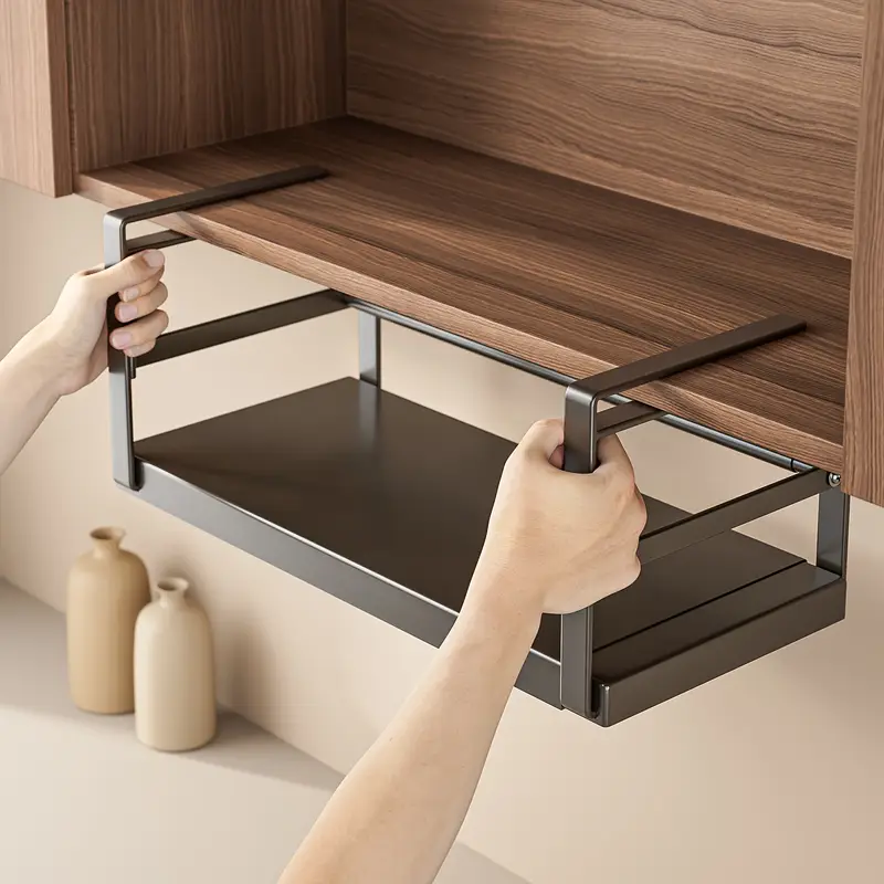 1pc metal under cabinet organizer classic no assembly space saving design expandable kitchen closet storage rack for spice jars utensils hanging shelves kitchen cabinet organizers and storage utensil holder sleek durable construction shelves Product details 3