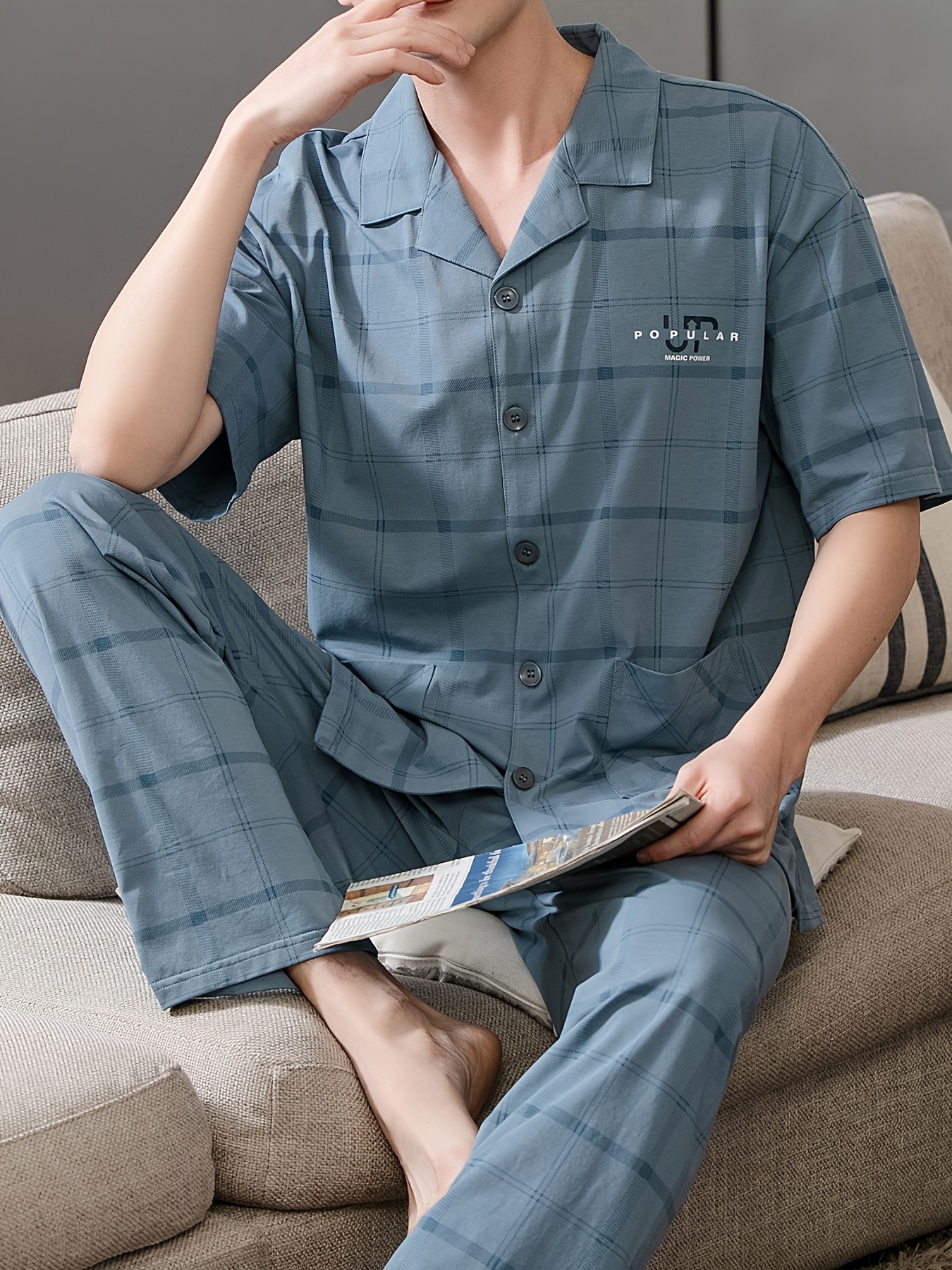 Plus Size 2 Pcs Men's 100.00% Cotton Plaid Print Lapel Short Sleeve & Trousers Pajama Set, Comfy & Skin-friendly Style Pajamas For Men's Cozy Loungewear
