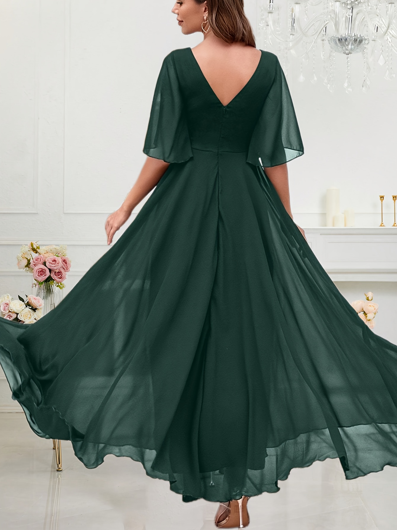 green satin formal dress ZAPAKA Women Simple Green Bridesmaid Dress A Line Long V Neck Satin Formal  Evening Dress main image 1
