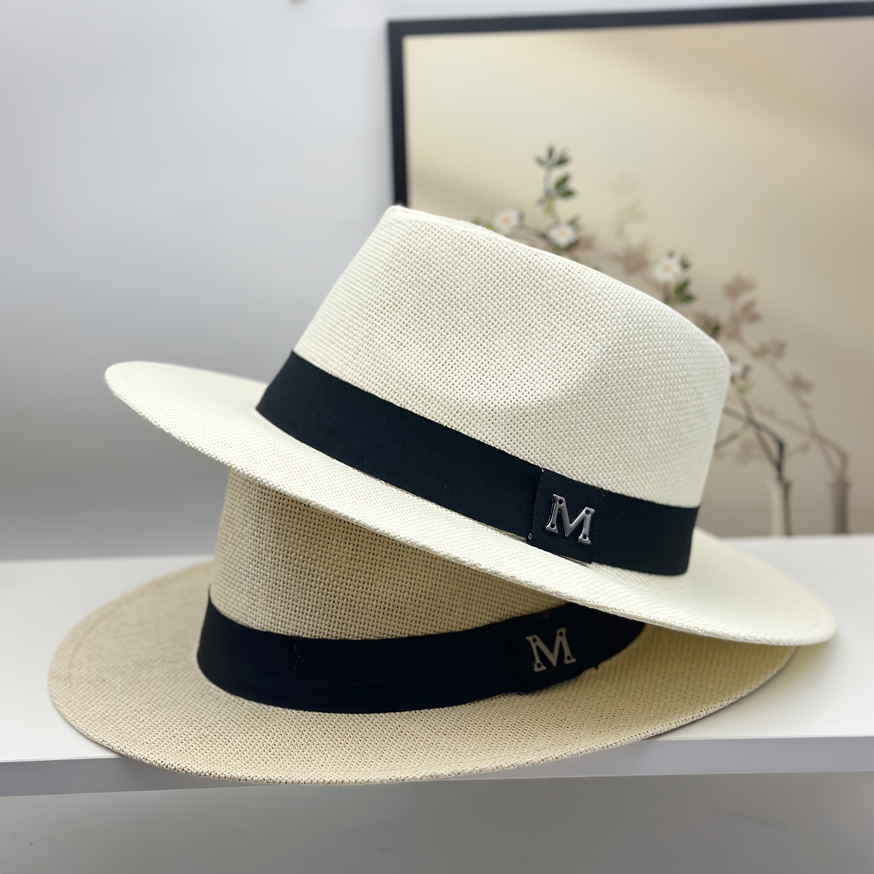 panama hat bowler hat with letter m decoration british   hat wide brimmed mens straw hat