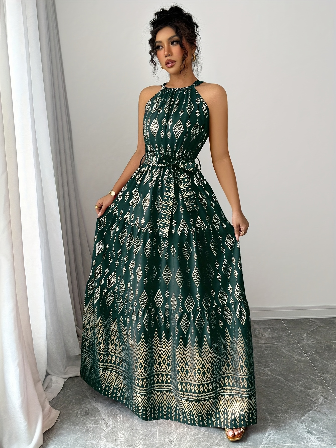 elegant geometric print halter neck maxi dress belt - Temu United Arab  Emirates