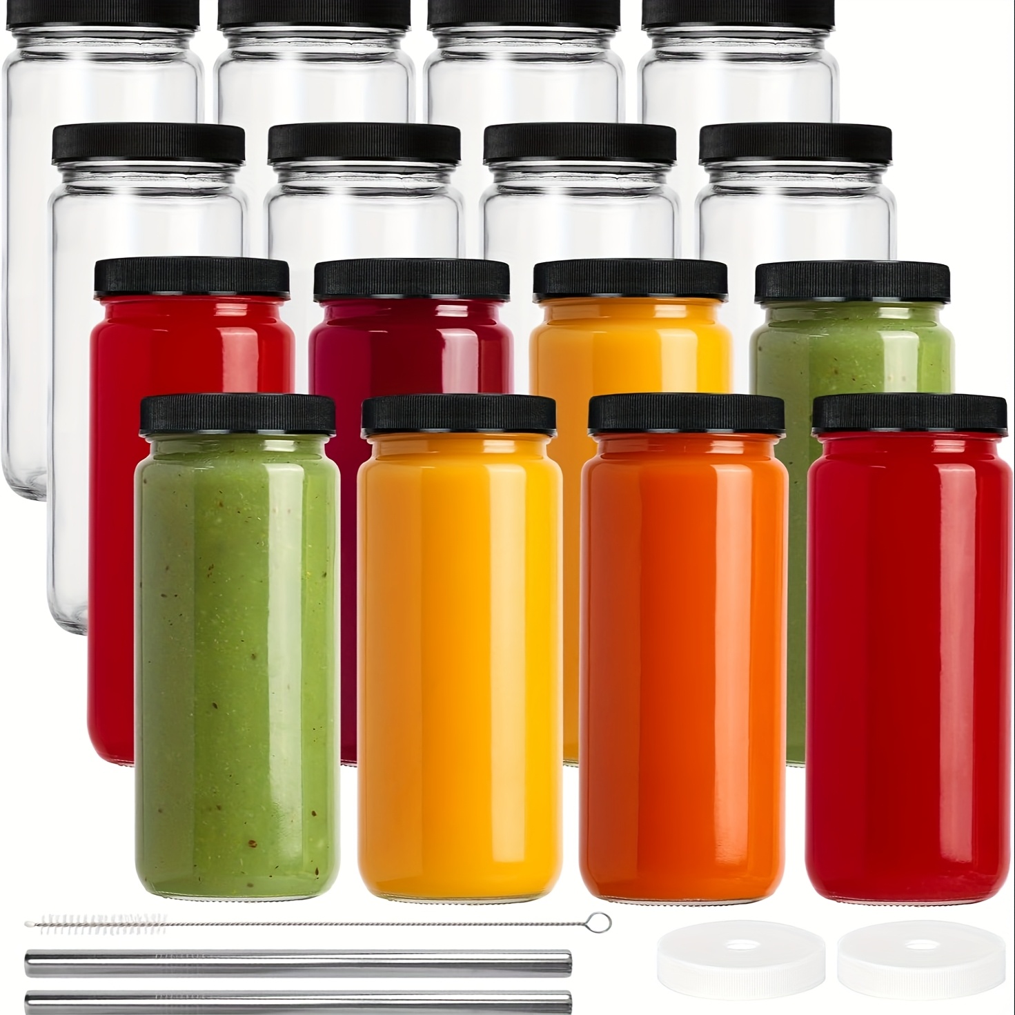 8 16pcs 16oz glass juice bottle with sealed lid free 2 straws perforated lid and straw brush juice bottle clear drink can cups water bottles travel juice containers black lid mothers day gift teacher appreciation gift bottle for   bottle cold drink container reusable cup durable glassware bpafree material portable beverage container Product details 0