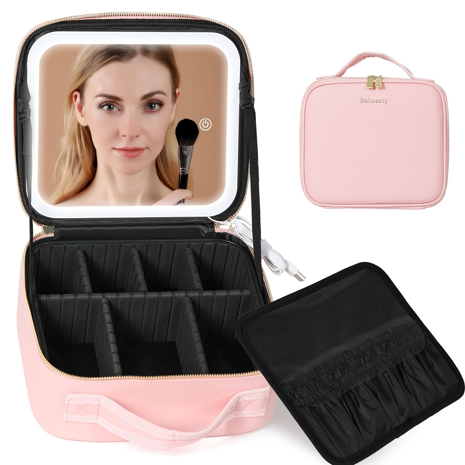 

Travel Makeup Bag With Led Lighted Mirror, Cosmetic Makeup Organizer Bag With 3 Color Setting, Makeup Train Case With Adjustable Dividers For Women Makeup Brushes, Pink