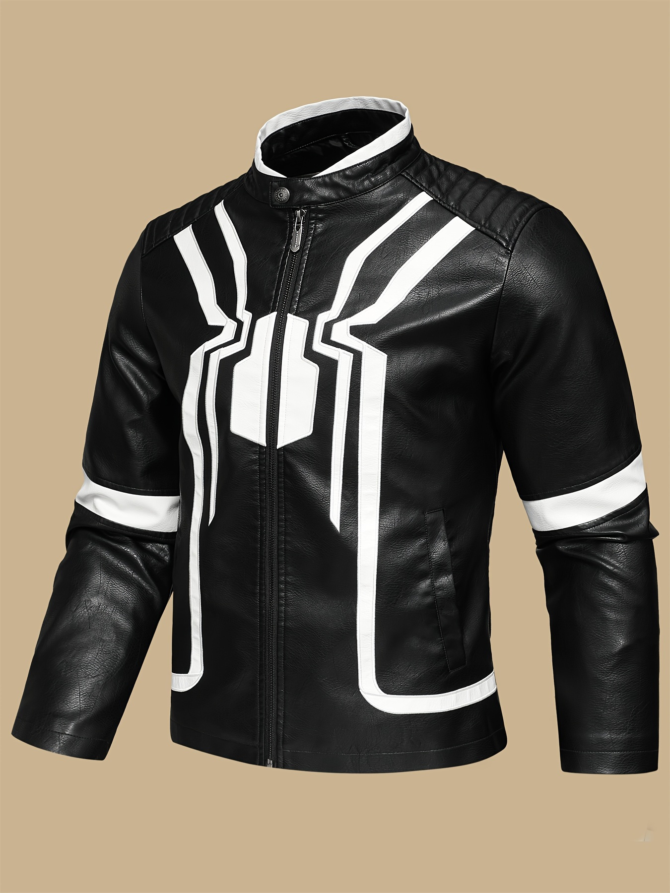 mens color blocking spider pattern stylish pu leather jacket