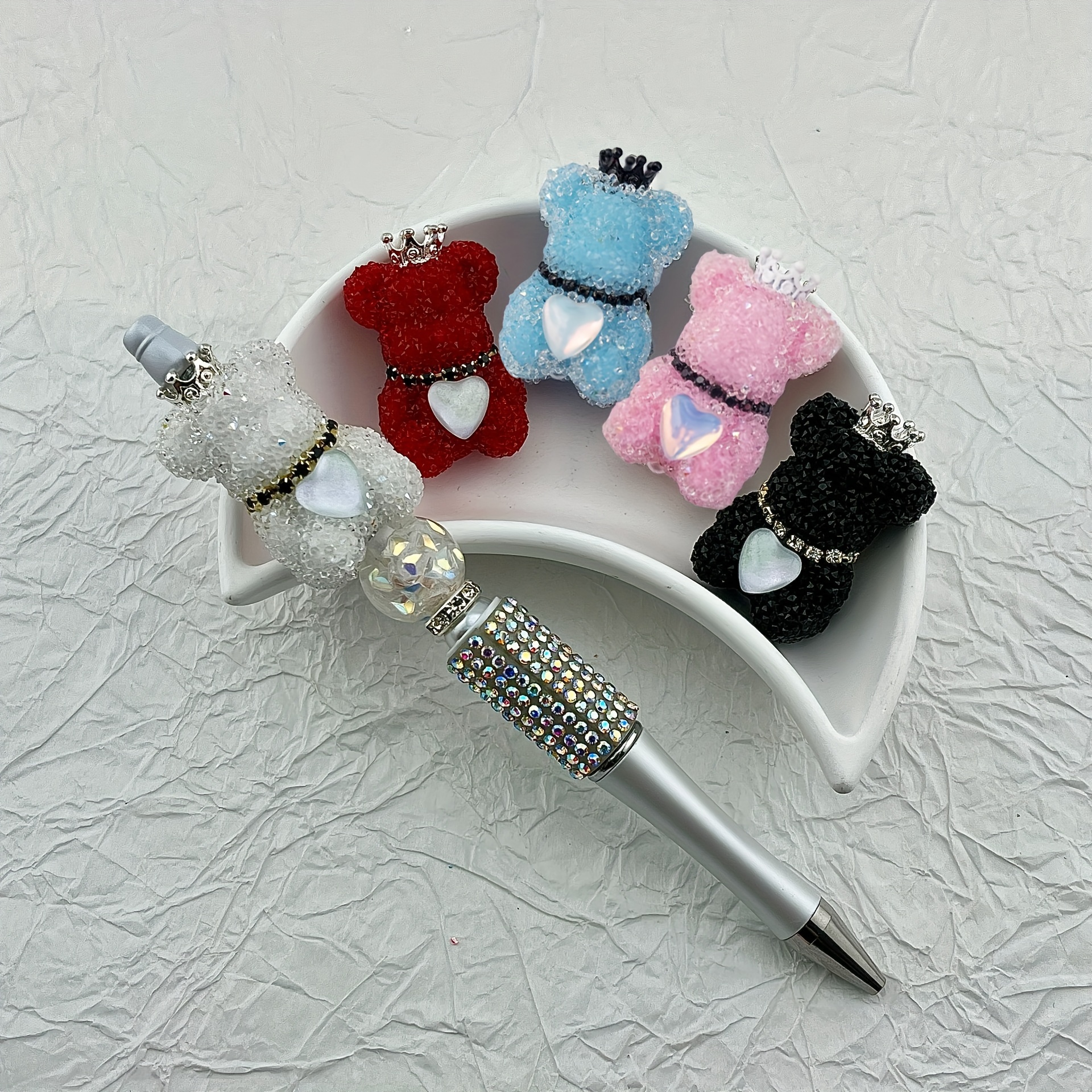 

5pcs Sparkling Rhinestone Bear Pen Beads, 39mm Crown & Heart Accents - Ideal For , Keychains & Beaded Pens, Assorted Colors, Bear Jewelry