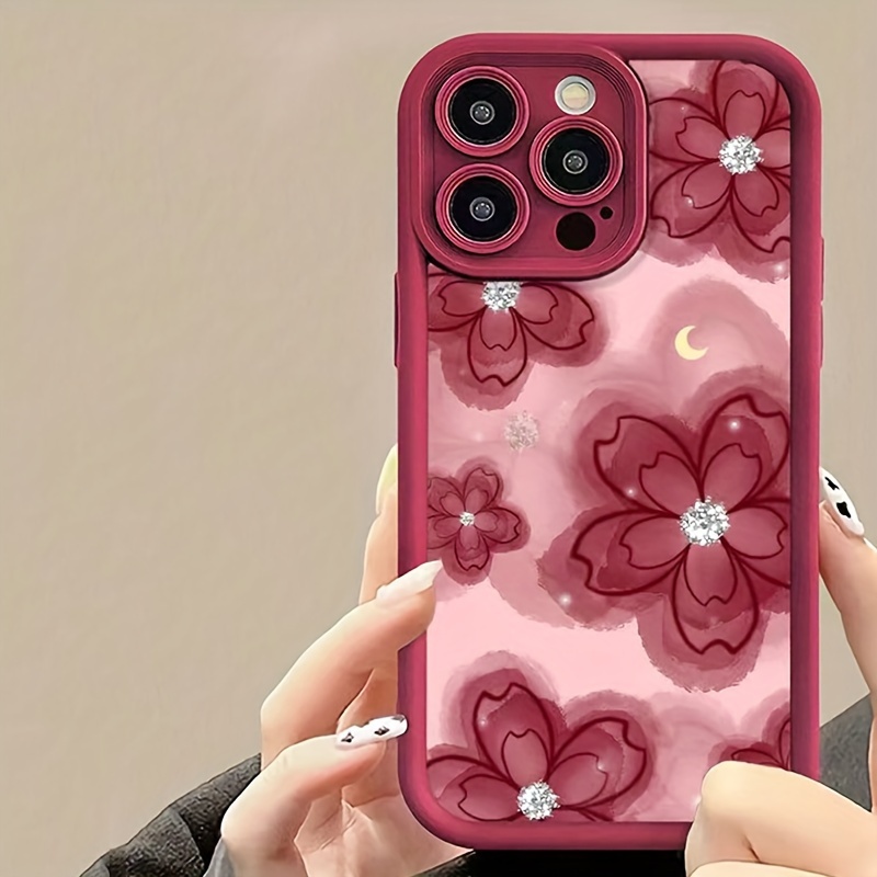 

Red Floral Bumper Case For With Bamboo Pattern Design And Rhinestone Accents