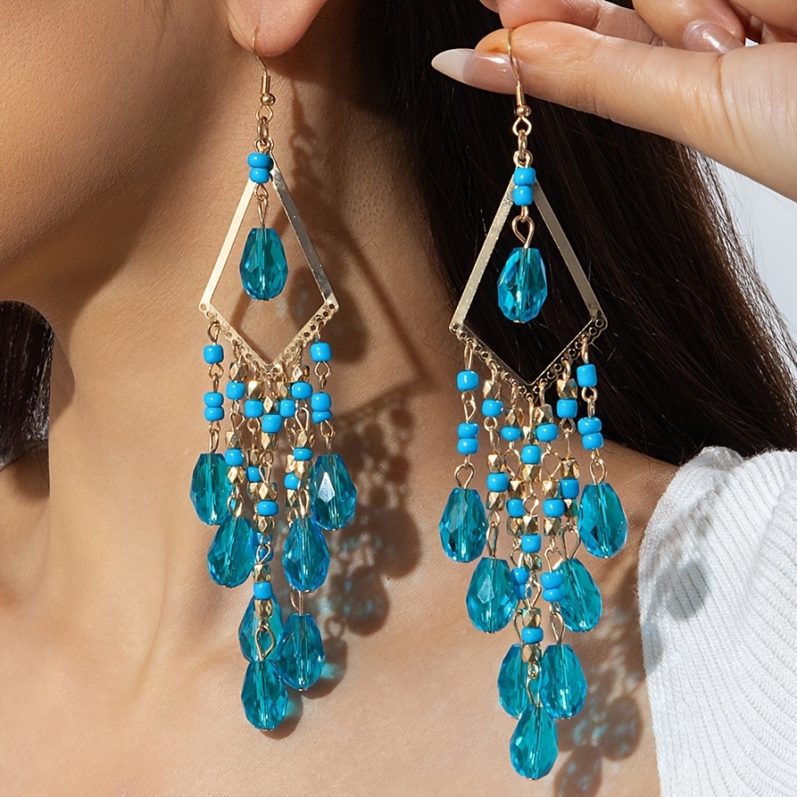 TEMU A Pair Of Colorful Teardrop-shaped Glass Bead Tassel Earrings With Metal Hollow Pendants, Perfect Gifts For Women At Parties, Evening Events, Or