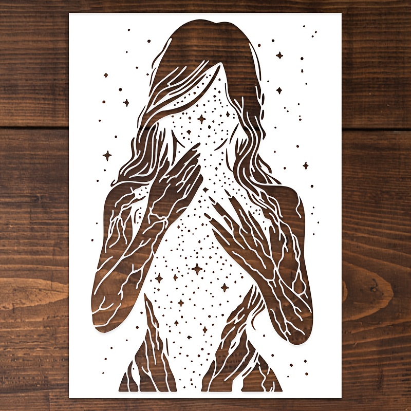 E-shop Schablonenbild mit einem Mädchen unter einem sternennenem Himmel, Größe 11,7 x 8,3 Zoll. Diese wiederverwendbare Vorlage zeigt eine langhaarige