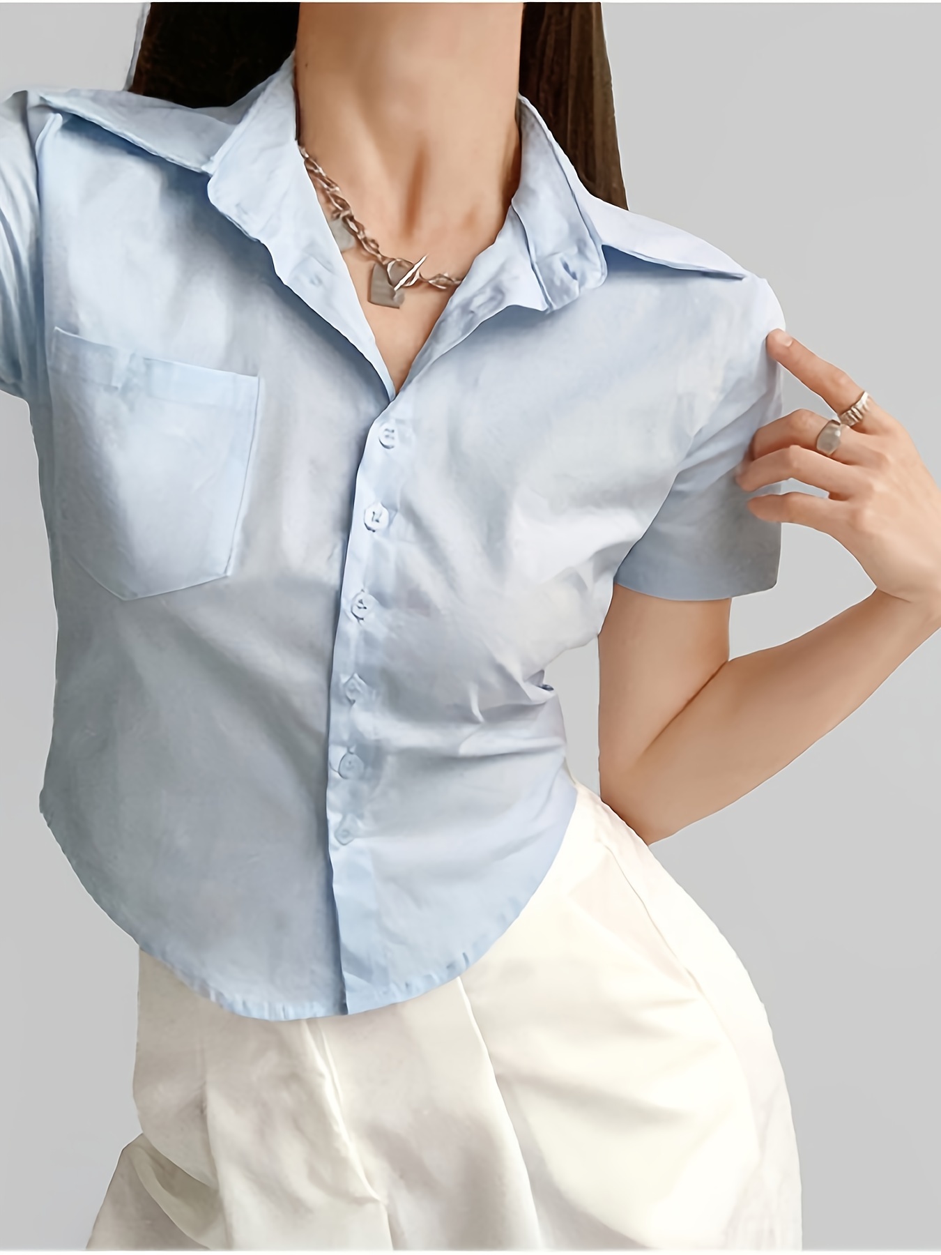 camisa manga corta ajustada mujer elegante blusa negra Temu Colombia